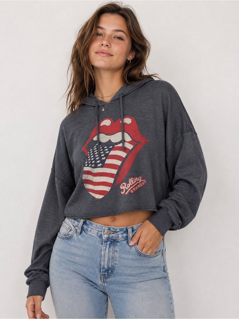 AEO Rolling Stones USA Flag Tongue Cropped Hoodie Sweatshirt Gray Womens XXL